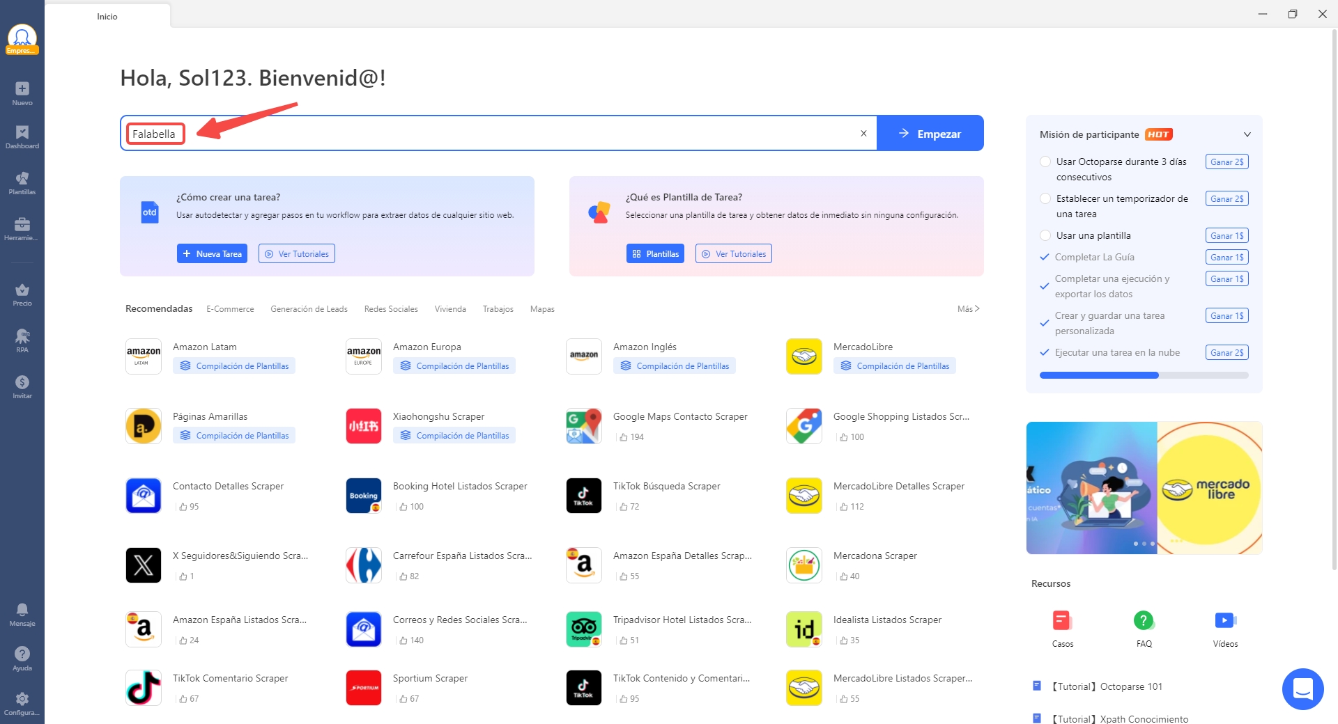 Guía visual para seleccionar plantillas en Octoparse