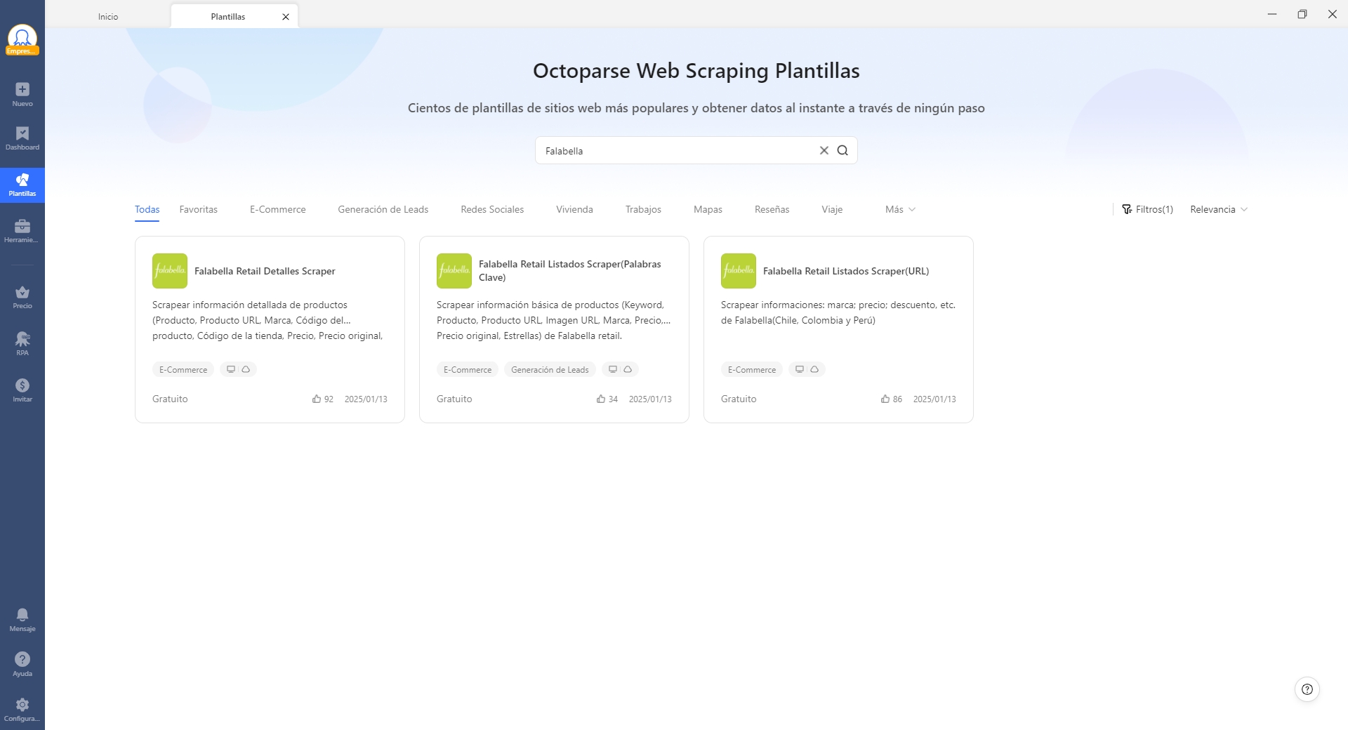 Plantillas disponibles en Octoparse para scrapear datos de productos de Falabella.