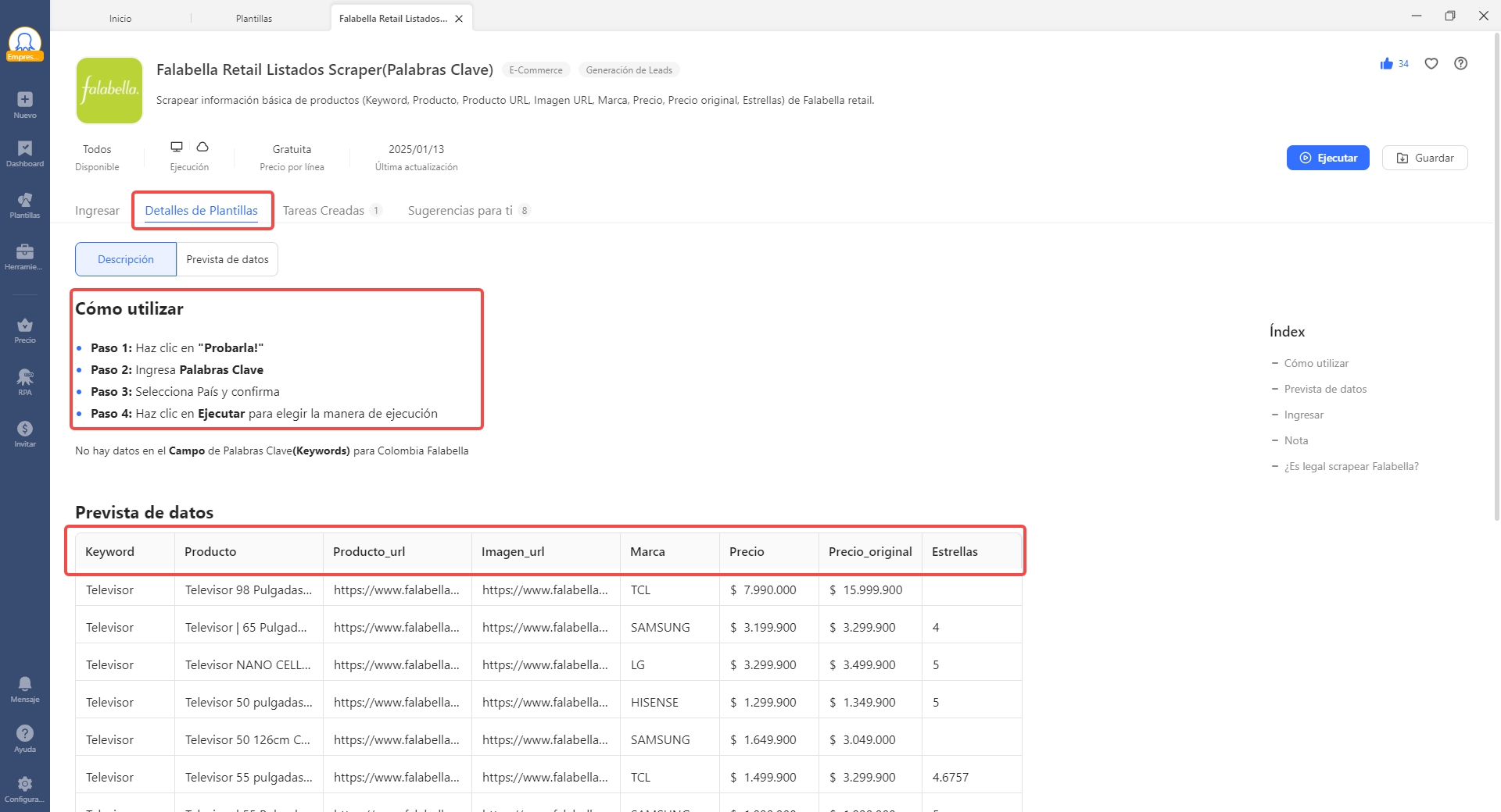 Instrucciones detalladas de la plantilla de Octoparse y ejemplo de los campos de datos que se pueden extraer de Falabella