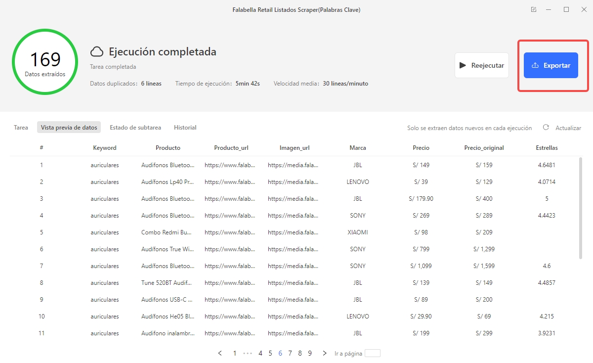 Muestra de datos exportados