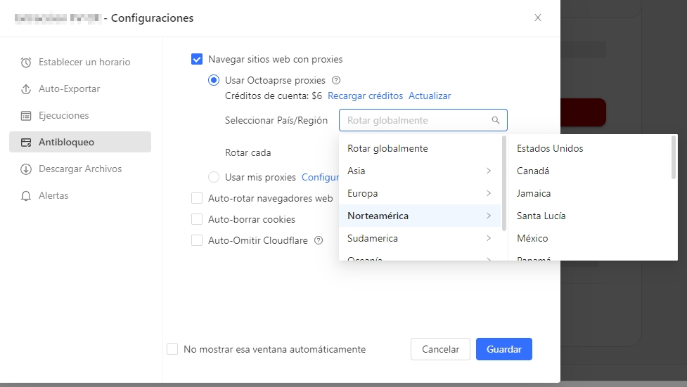 La interfaz de configuración del proxy de Octoparse admite múltiples proxies, incluidos los proxies globales.