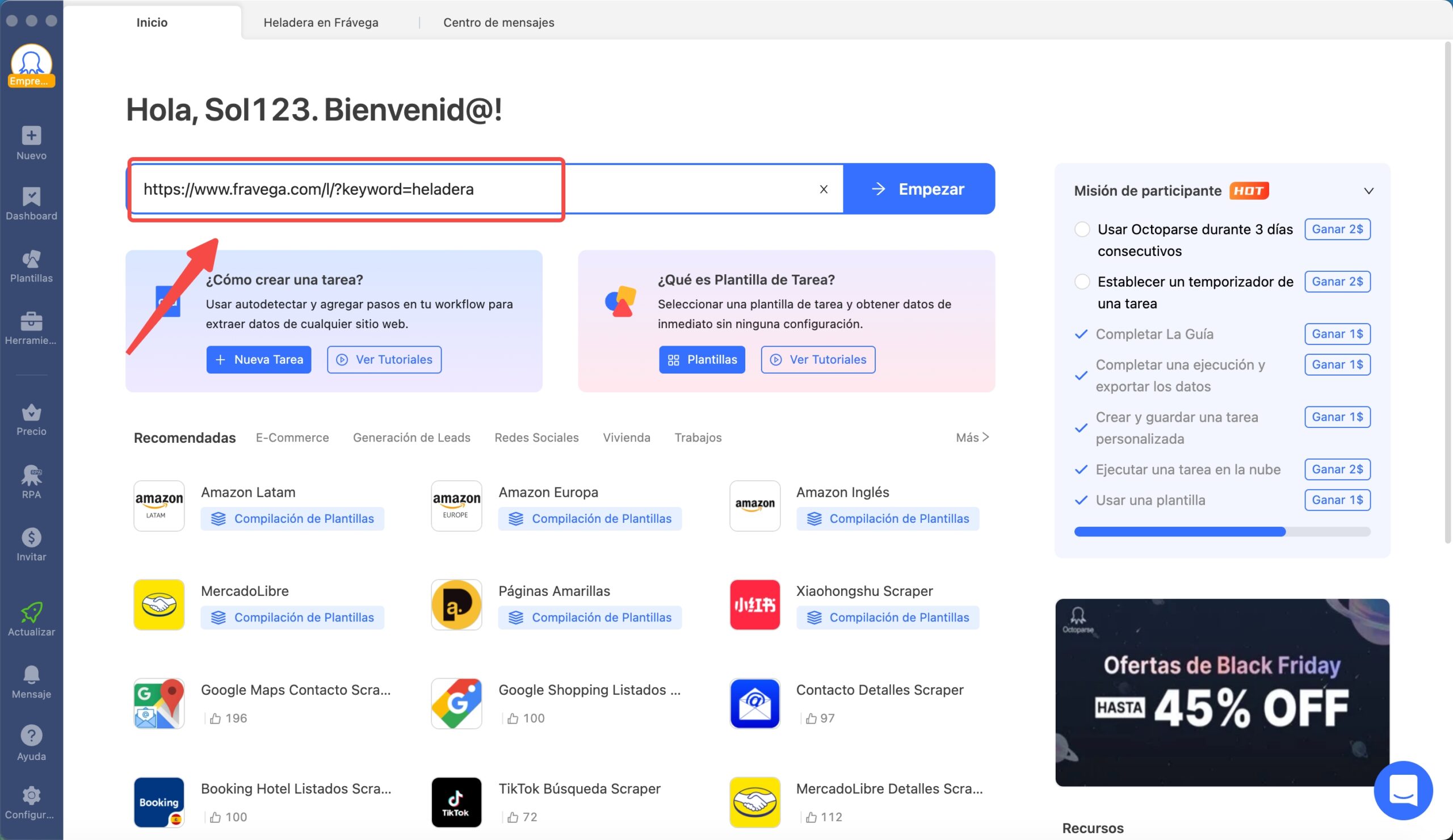 captura de pantalla de Octoparse mostrando el campo donde se pega la URL del producto o categoría desde Frávega para iniciar la extracción.