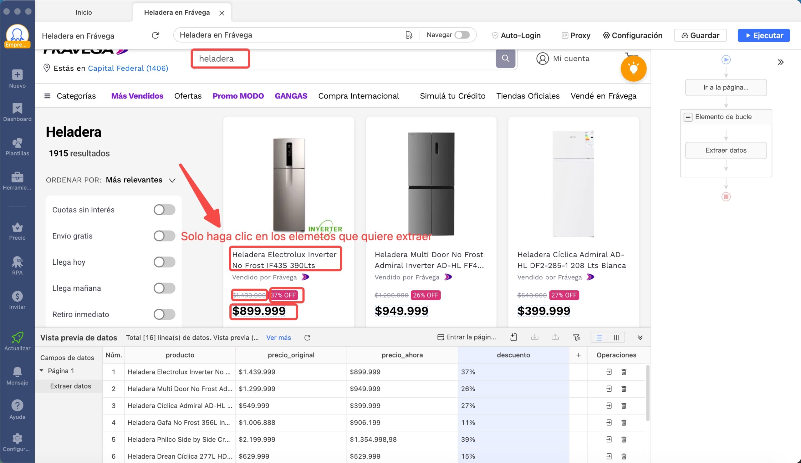 Interfaz de Octoparse resaltando la selección simple haciendo pocos clics: precio, nombre y descuento del producto.