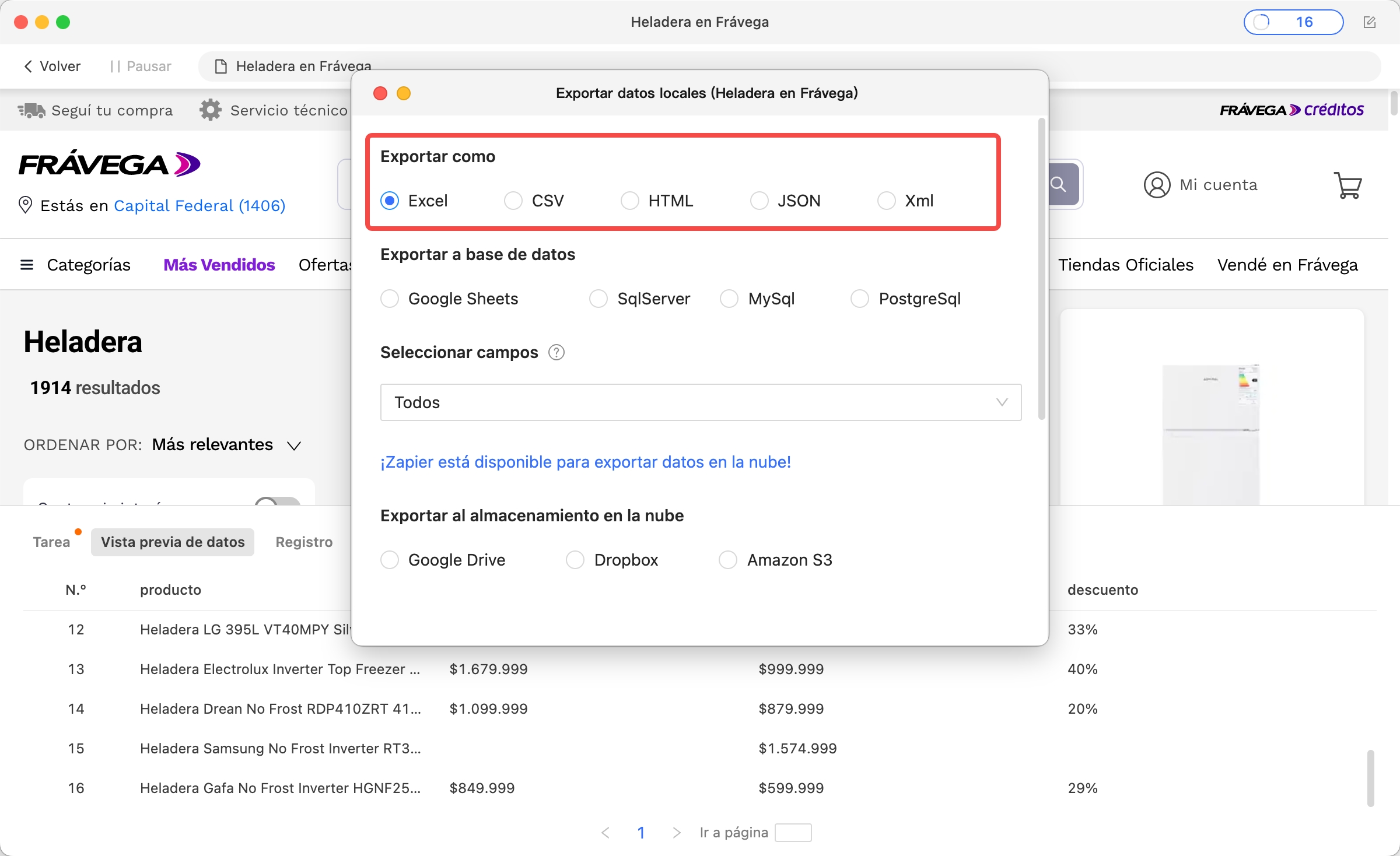 Vista de la función de exportación en Octoparse mostrando opciones como Excel, CSV o base de datos para descargar los precios monitoreados.