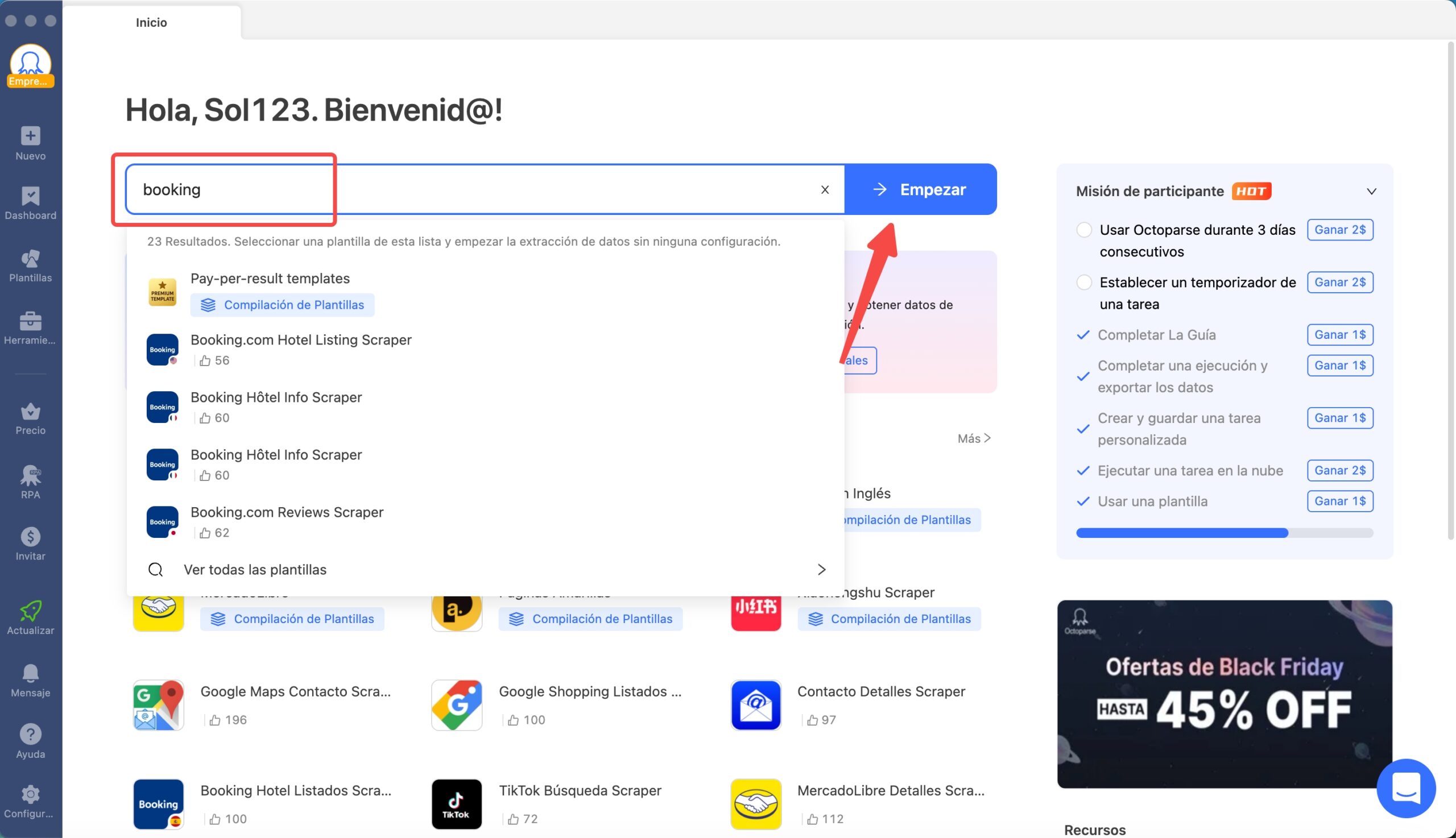 Introduce la palabra clave "booking" en Octoparse para buscar plantillas de "booking".