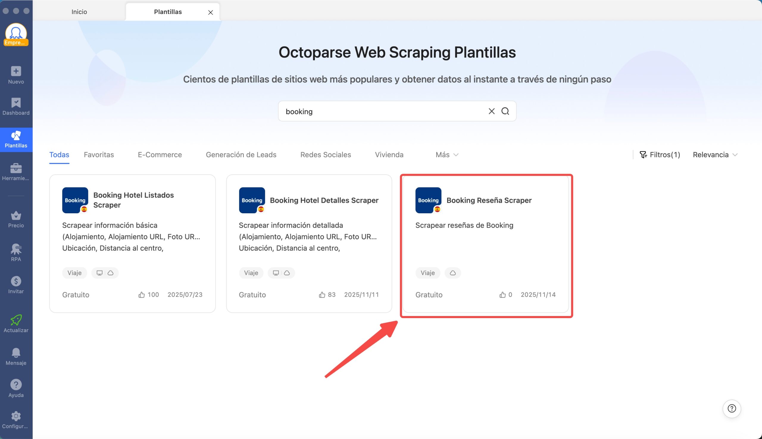 Busque la plantilla de scraper de Reseñas de Booking y haga clic en ella.