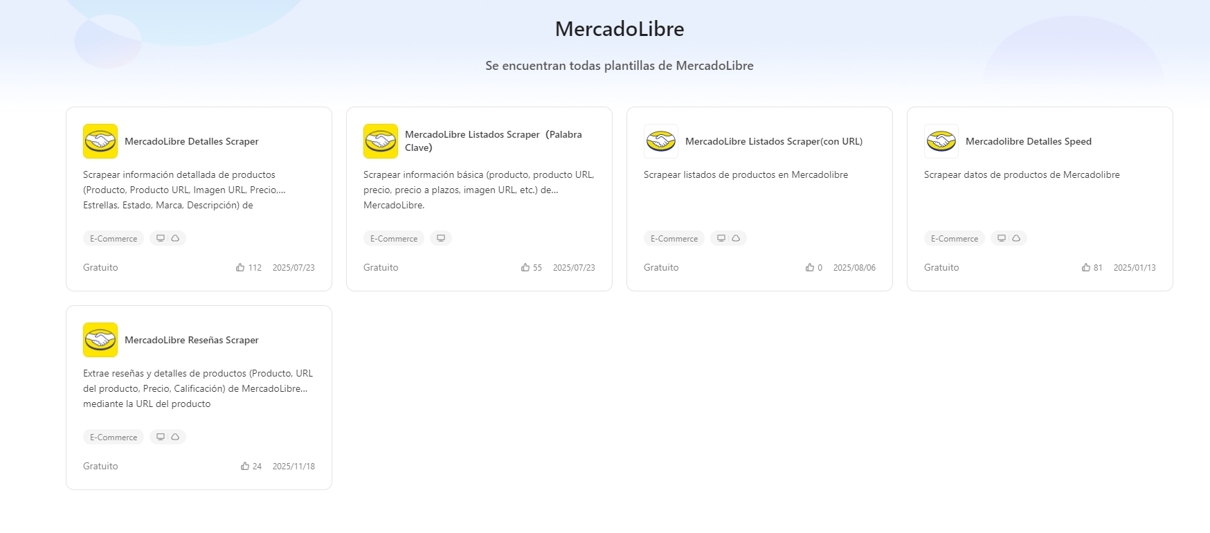 Muestra de  cinco plantillas de MercadoLibre en Octoparse