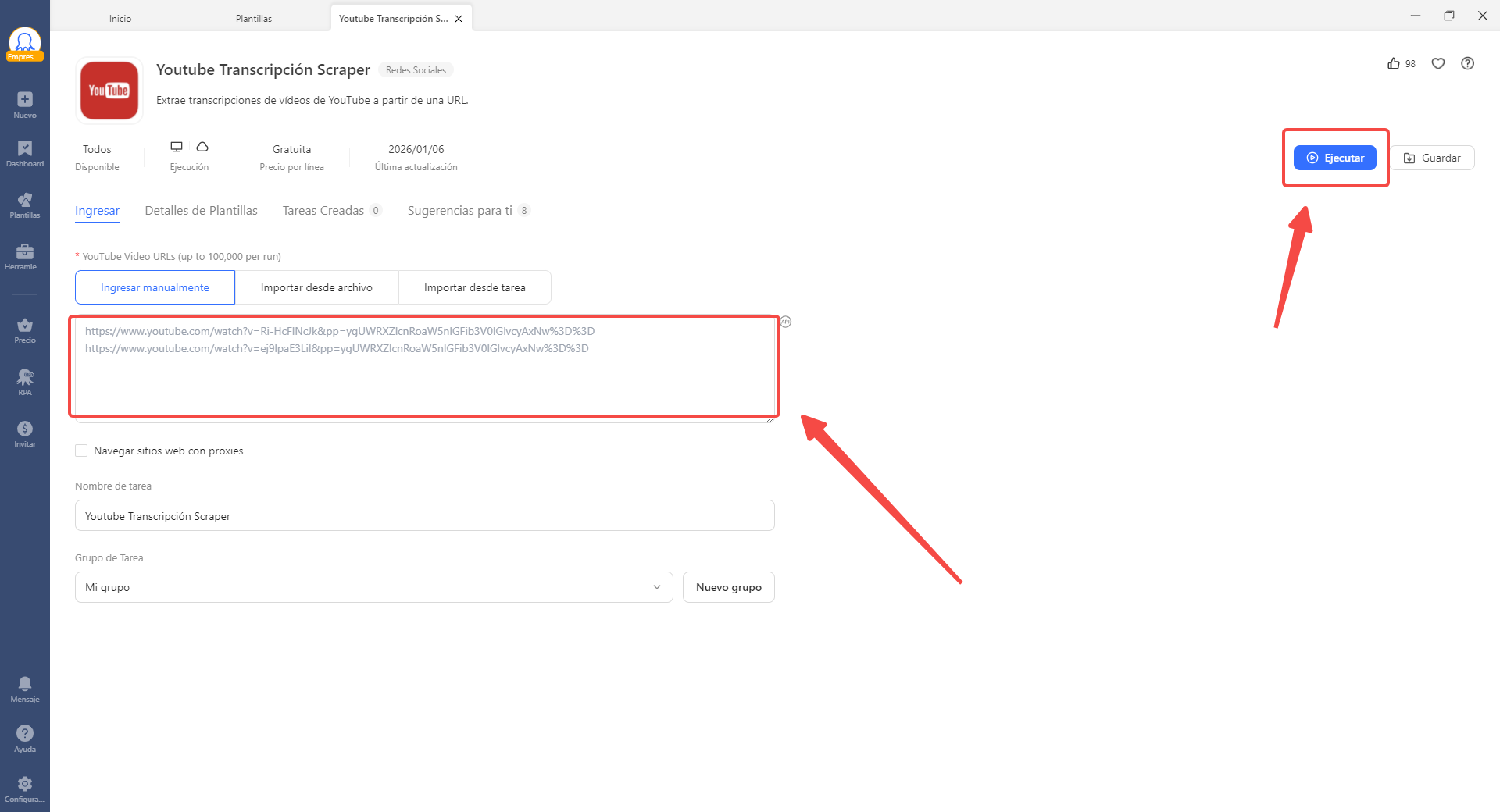 Cómo ejecutar YouTube Transcripción Scraper: guía paso a paso con una captura de pantalla