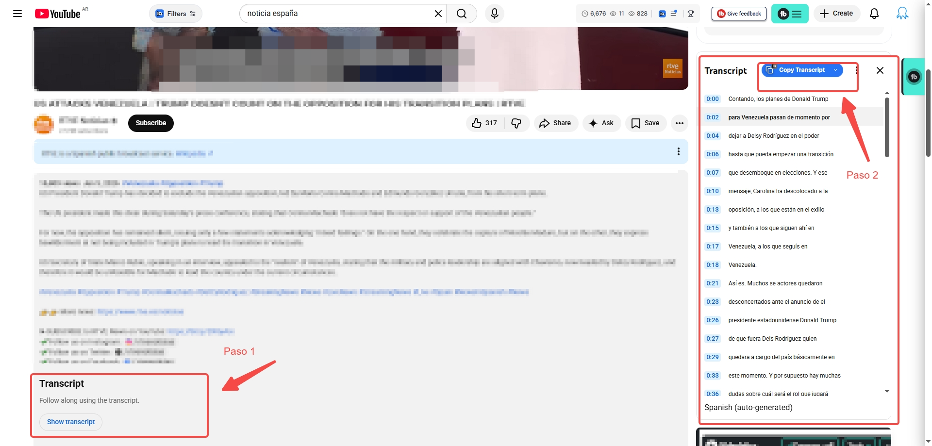 Captura de pantalla de encontrar la transcripción de un vídeo de YouTube.