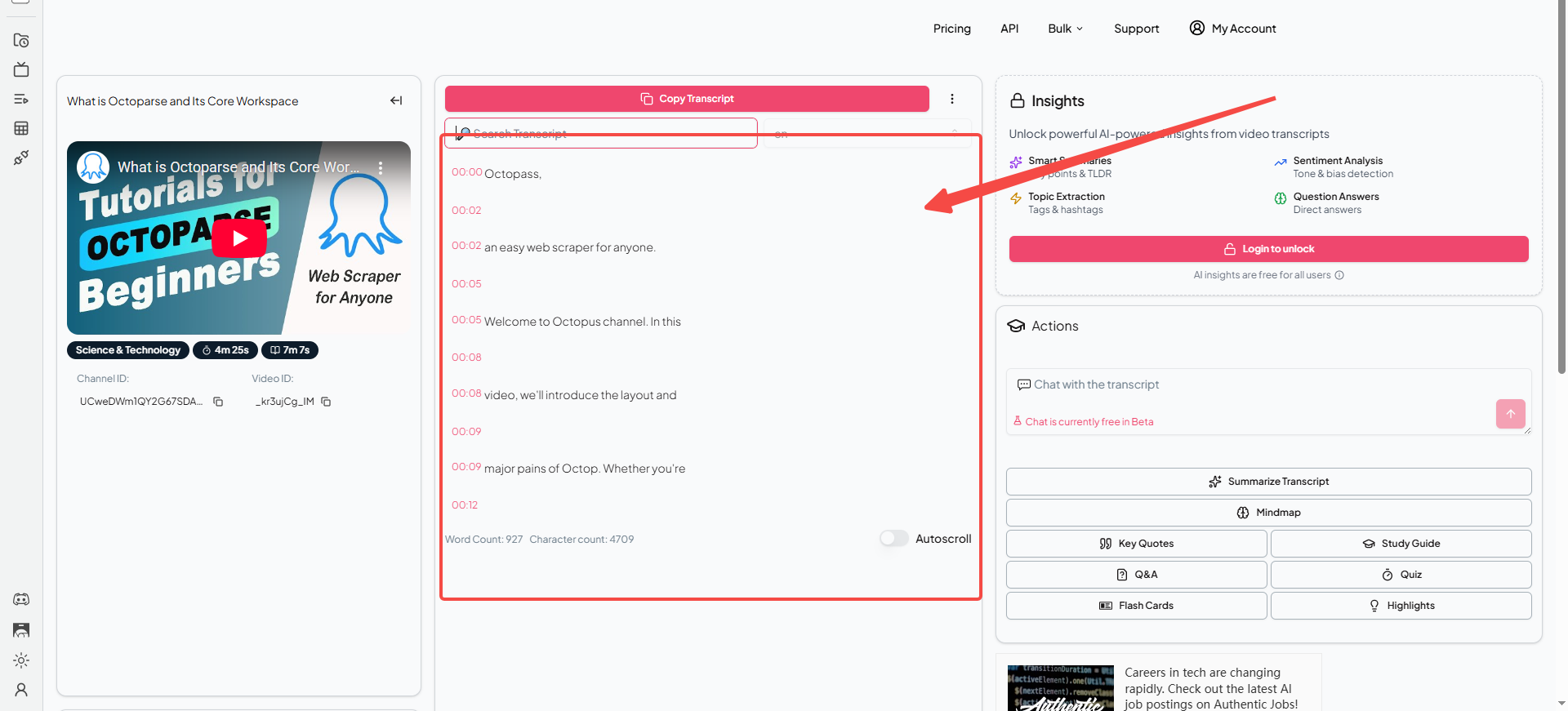 Capturas de pantalla del paso 2 sobre el uso de la herramienta Transcripción de YouTube