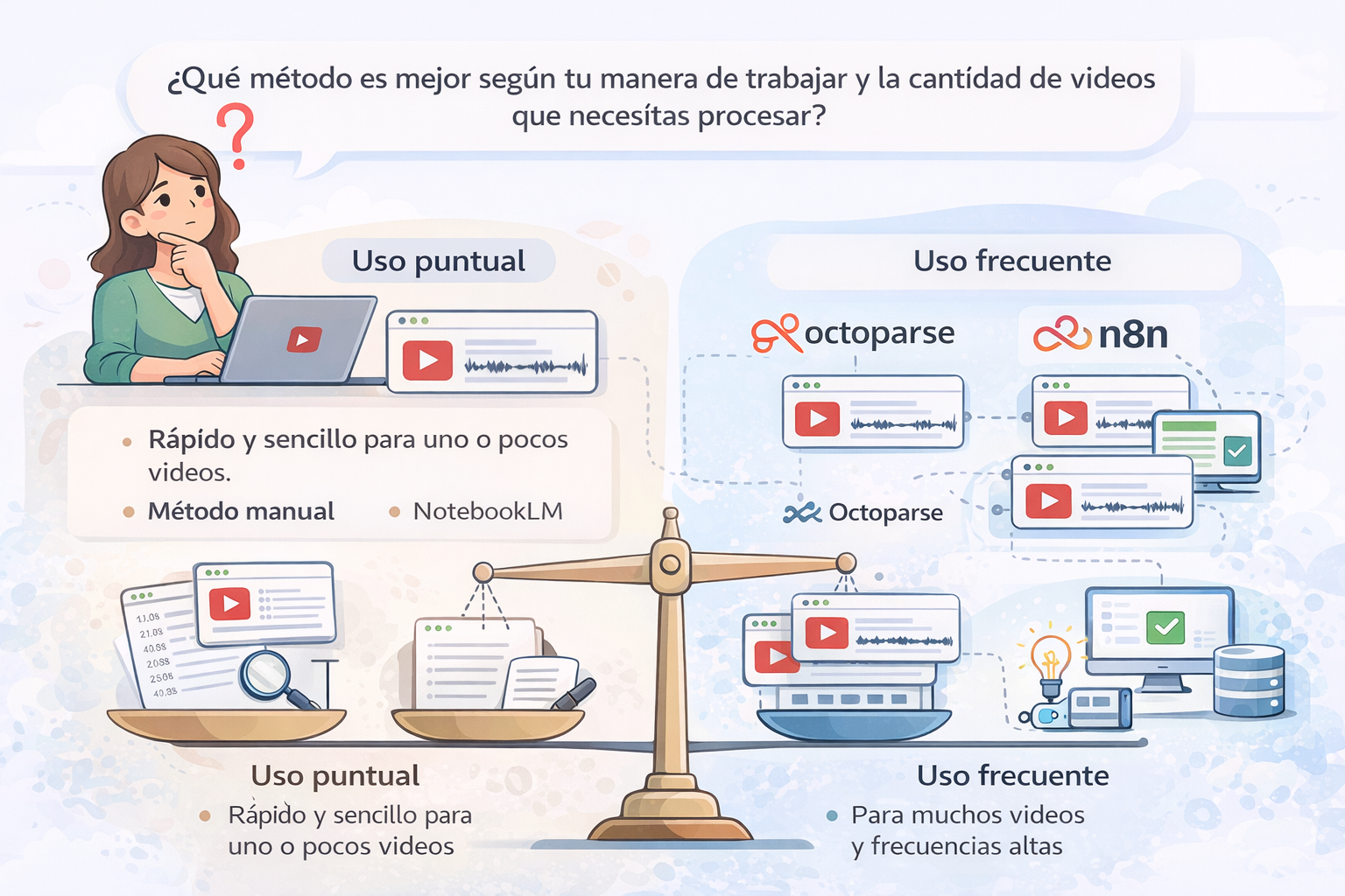 Ilustración que compara métodos para extraer transcripciones de videos de YouTube según el volumen: uso manual o NotebookLM para pocos videos y Octoparse o n8n para extracción automática en grandes cantidades.