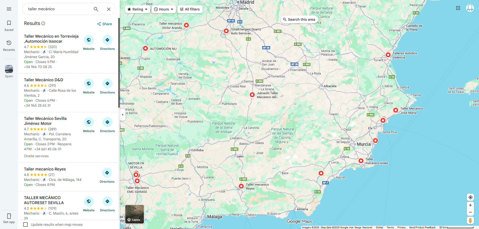 Interfaz de Google maps. Tomando como ejemplo la distribución de Taller Mecánico en España en Google Maps.