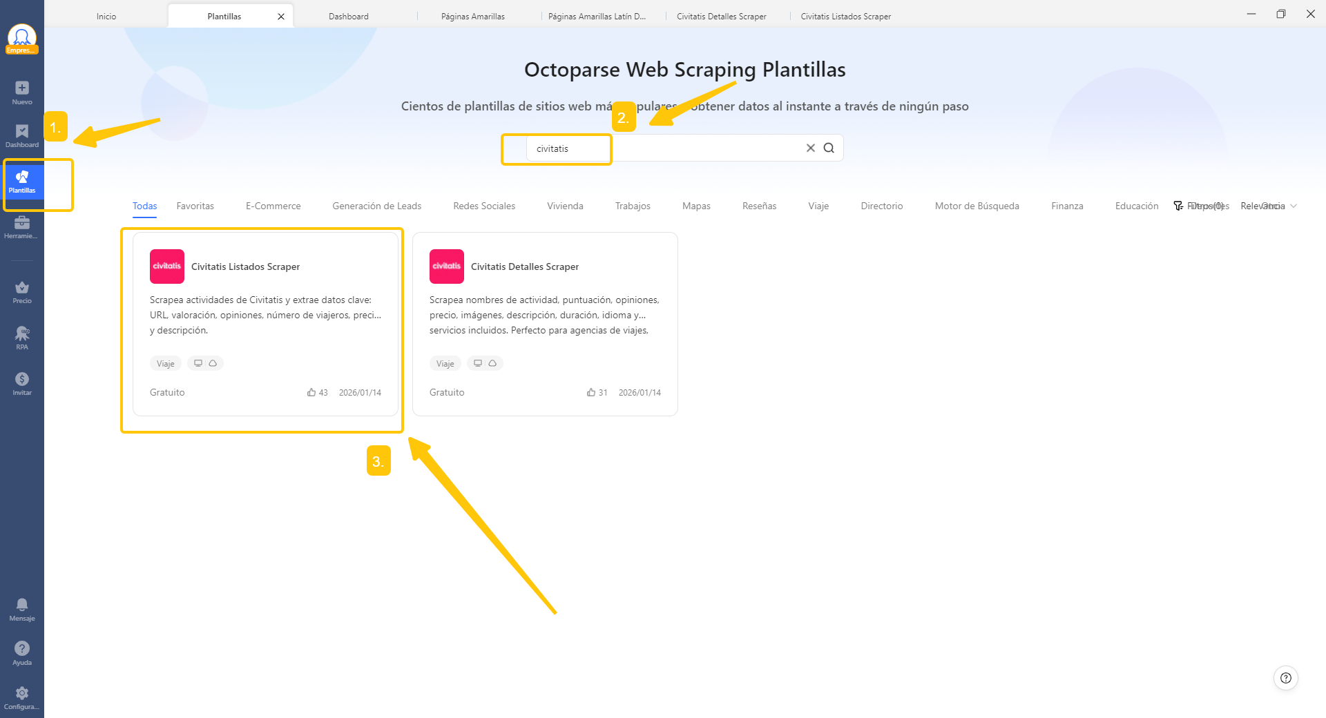 Captura de pantalla de resultado de búsqueda de la plantiila Civitatis en el cliente Octoparse