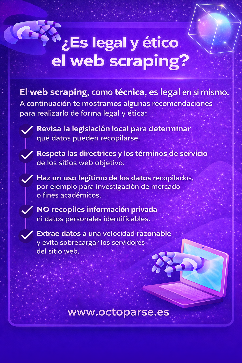 Infografía sobre si el web scraping es legal y ético, con buenas prácticas para extracción de datos, cumplimiento del GDPR y uso responsable de información pública.