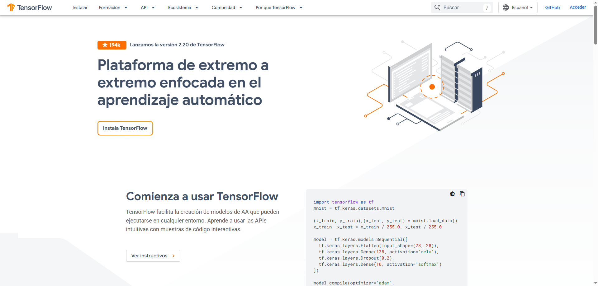 Captura de pantalla de la página de inicio del sitio web de TensorFlow