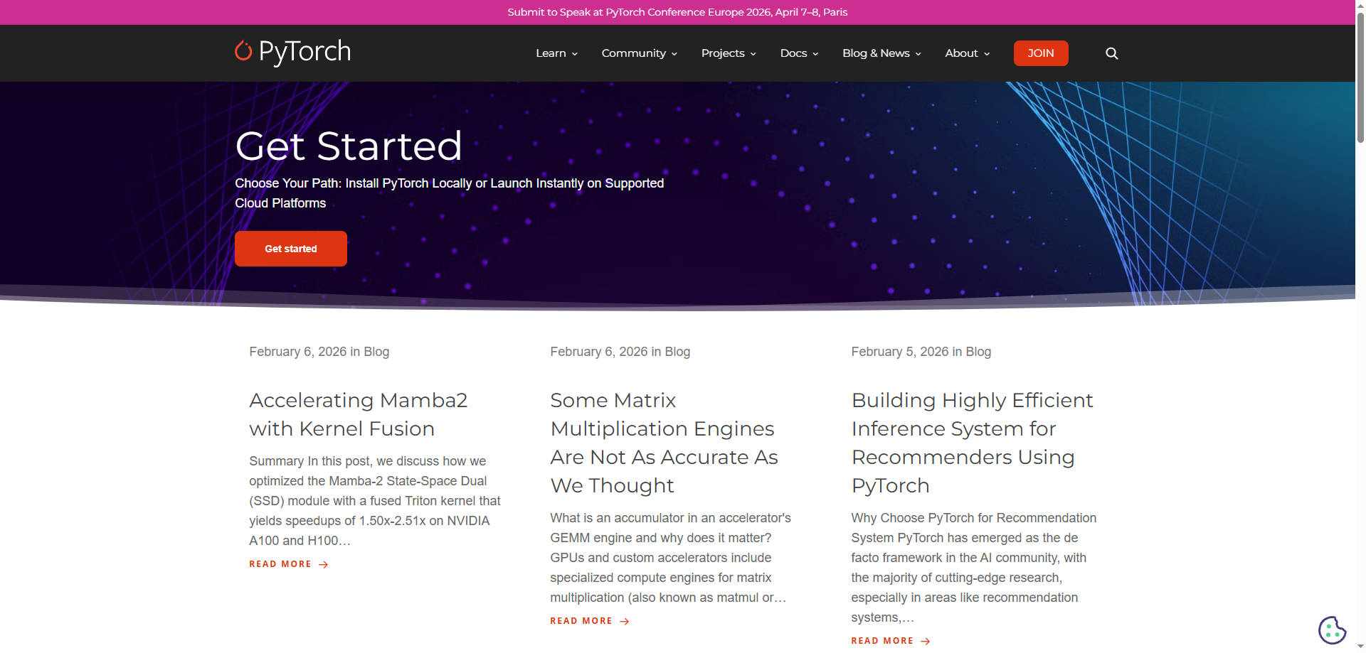 Captura de pantalla de la página de inicio del sitio web de PyTorch