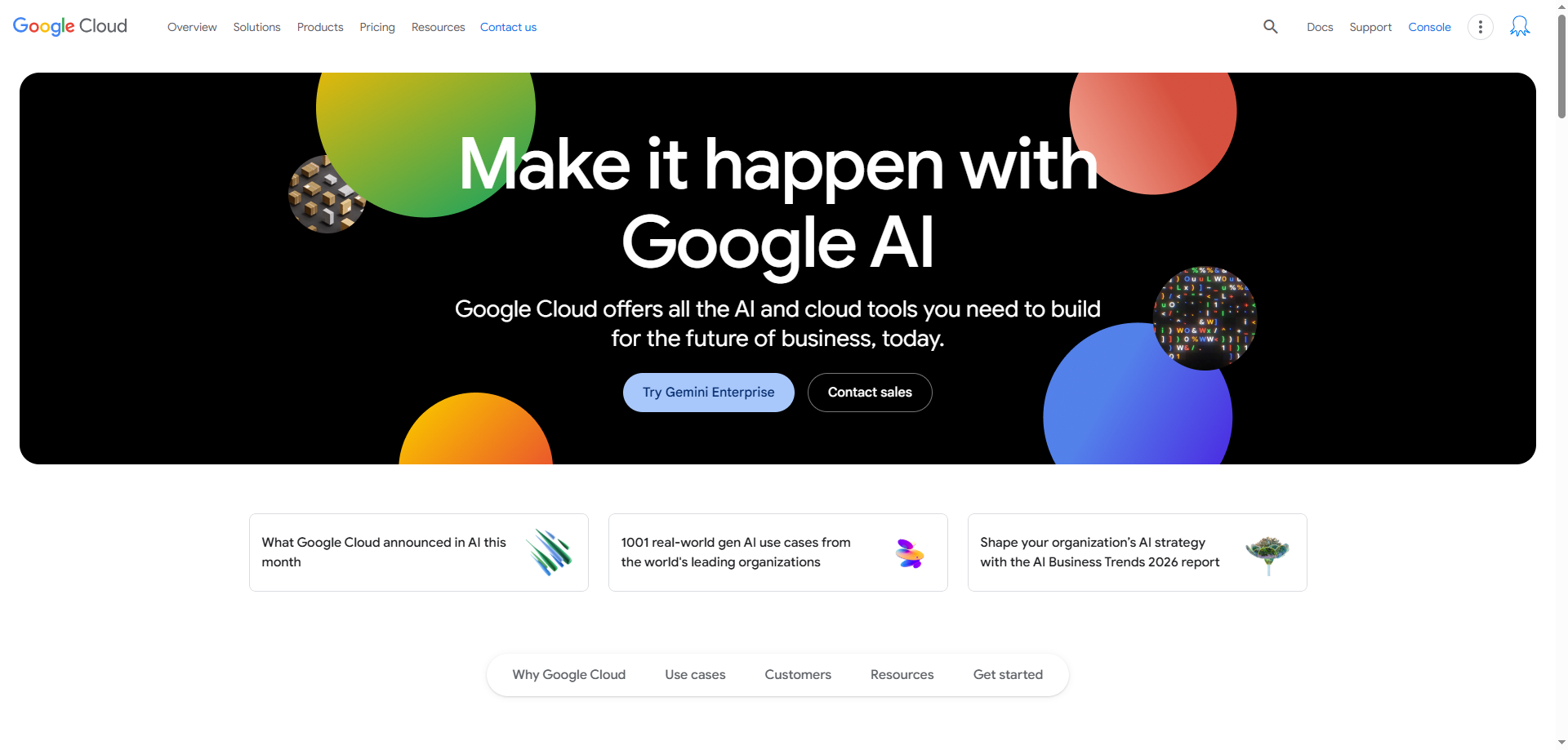 Captura de pantalla de la página de inicio del sitio web de Google Cloud AI