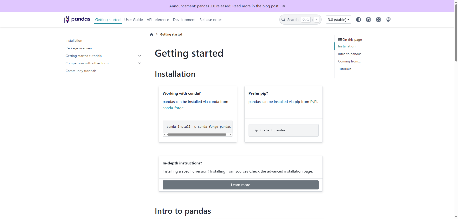 Captura de pantalla de la página de inicio del sitio web de Pandas