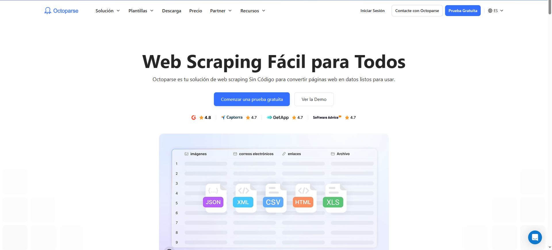 Captura de pantalla de la interfaz de Octoparse