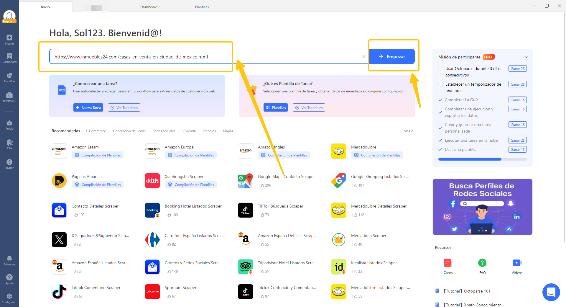Interfaz de Octoparse introduciendo la URL de un portal inmobiliario para iniciar la extracción de datos
