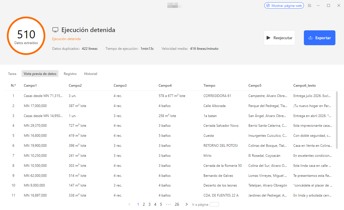 Resultado de extracción automática de datos inmobiliarios en Octoparse con ejecución en la nube
