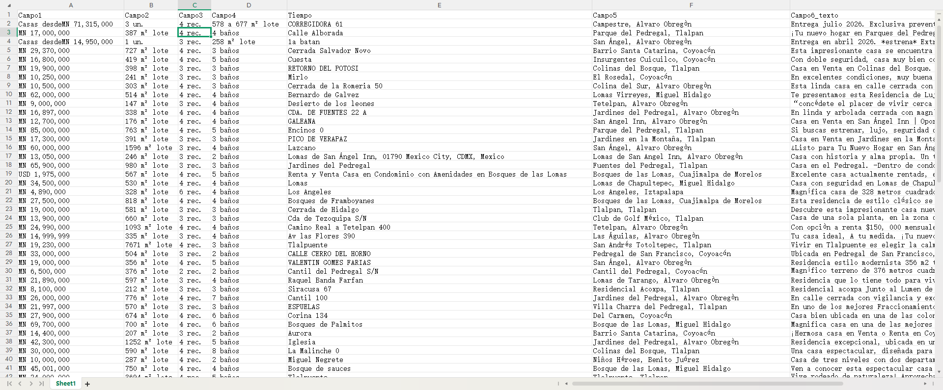 Exportación de datos de propiedades a Excel para análisis comparativo del mercado inmobiliario
