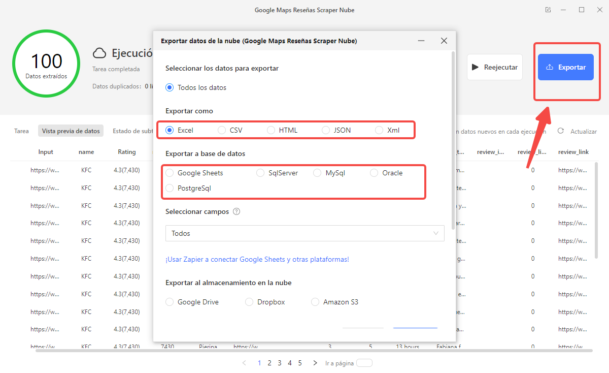 Pantalla de exportación de datos en Octoparse mostrando opciones para descargar reseñas de Google Maps en formato Excel o CSV.