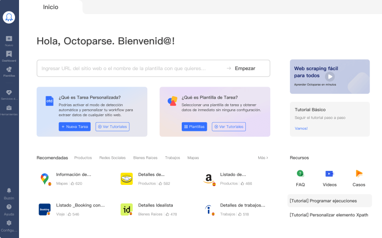 Interfaz inicial del cliente de Octoparse después de la instalación.