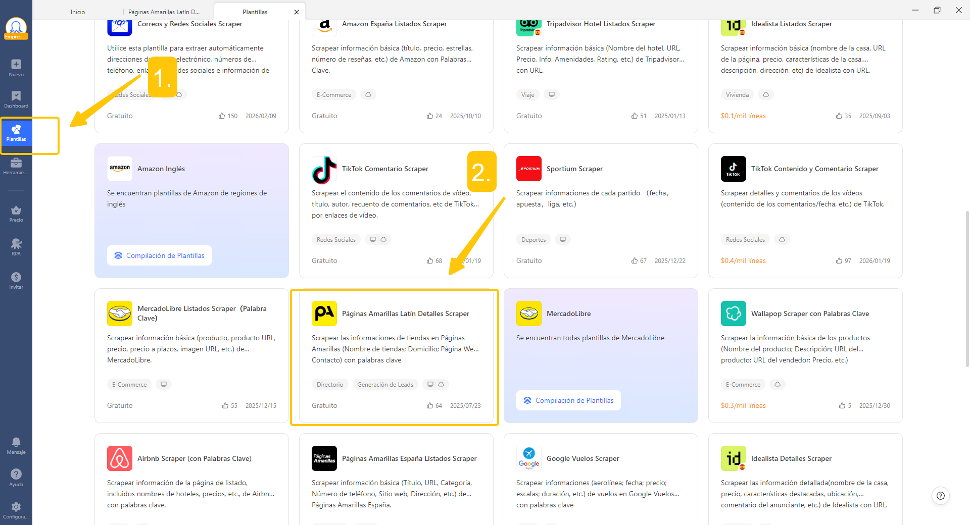 Sección Plantillas en Octoparse mostrando la búsqueda de la plantilla Páginas Amarillas Latín Detalles Scraper.
