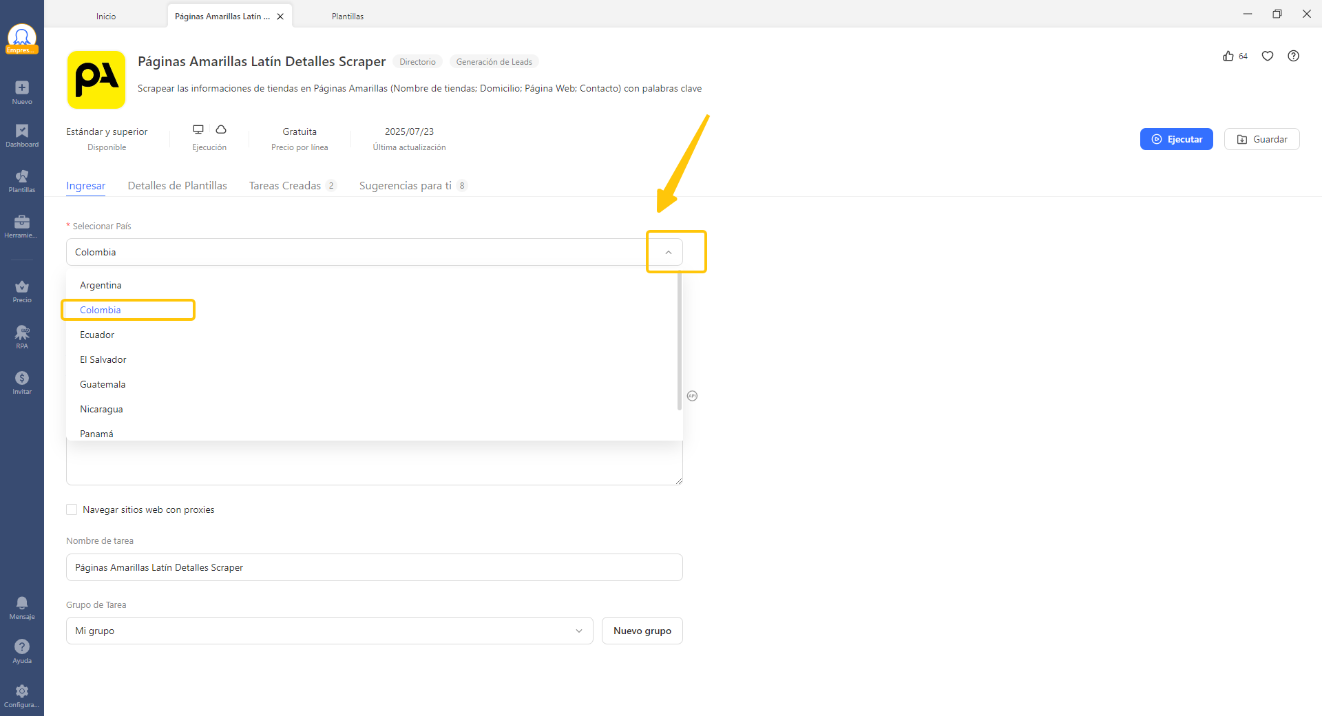 Pantalla de configuración de la plantilla con selección de país para la extracción de datos.