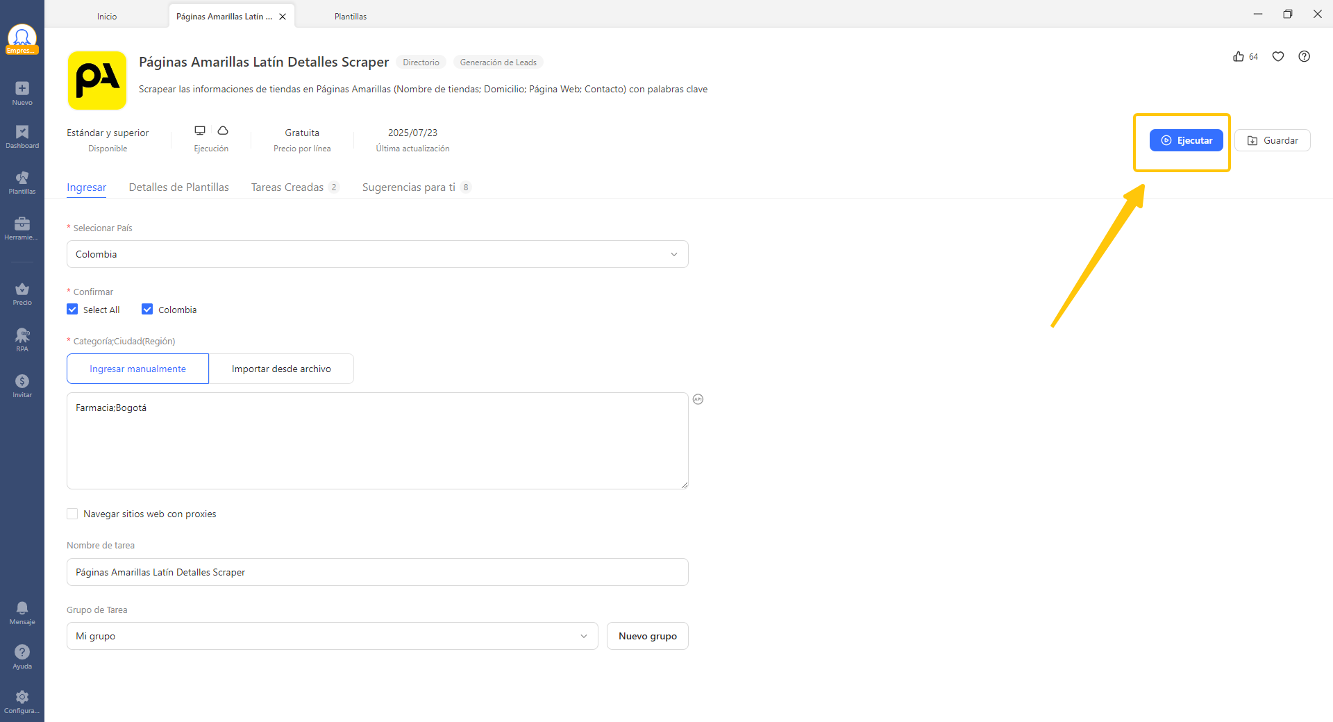 Formulario de la plantilla donde se introduce sector y ciudad para generar la búsqueda en el directorio y ejecutar la plantillas.