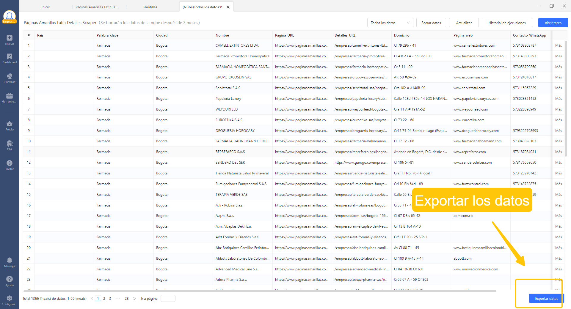 Opción de exportar datos extraídos a Excel o CSV desde la interfaz de Octoparse.
