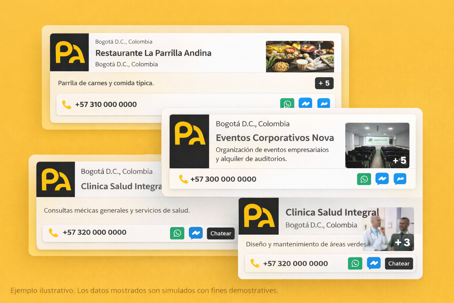 Ejemplo de listado en un directorio empresarial tipo Páginas Amarillas en Latinoamérica con datos de contacto, ciudad y botones de WhatsApp.