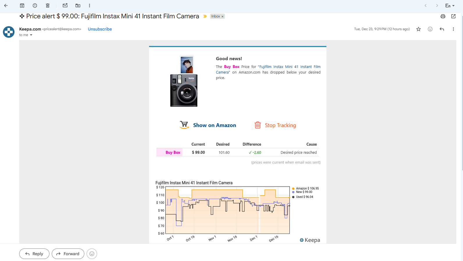 Notificación de alerta de precio de Keepa avisando una bajada de precio de un producto en Amazon.
