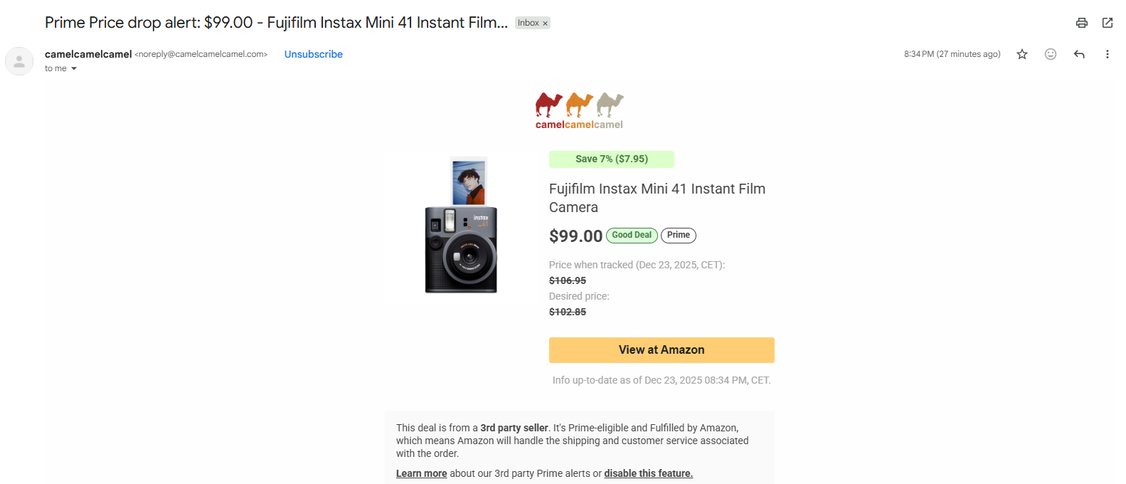 Notificación de alerta de precio de CamelCamelCamel avisando una bajada de precio de un producto en Amazon.