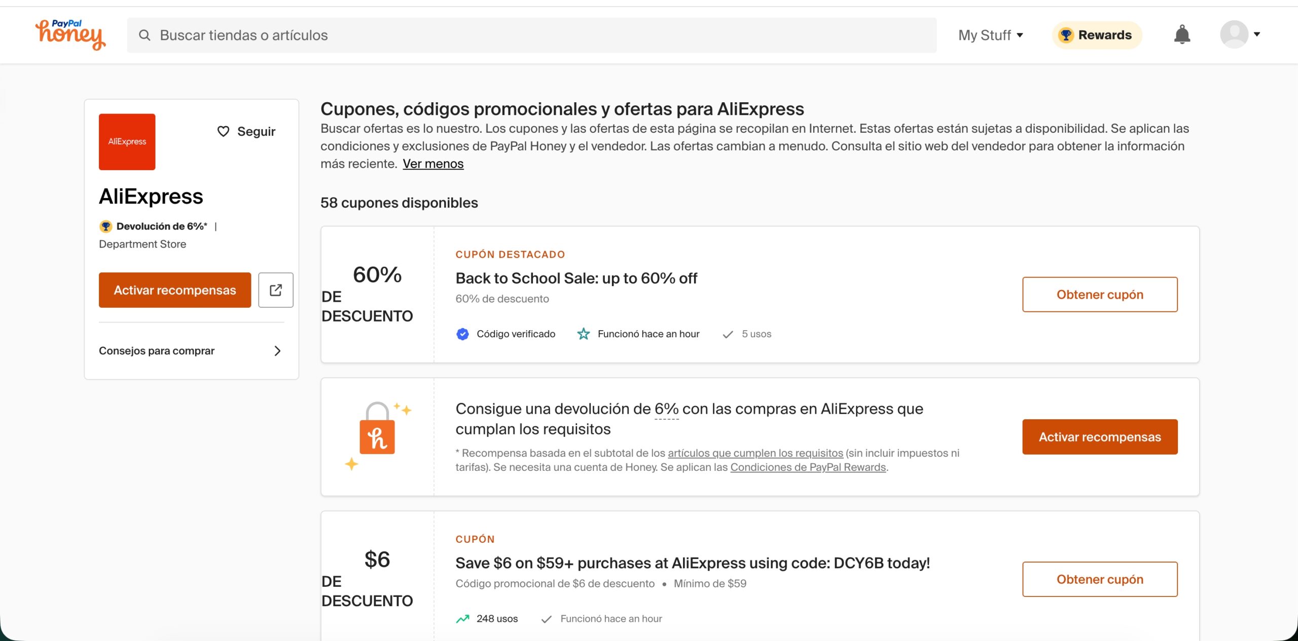 Interfaz de PayPal Honey mostrando cupones y descuentos disponibles para compras en AliExpress.
