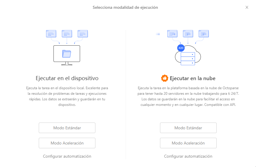 Interfaz de Octoparse para elegir entre scraping local y scraping en la nube con servidores cloud para extracción automatizada de datos web.