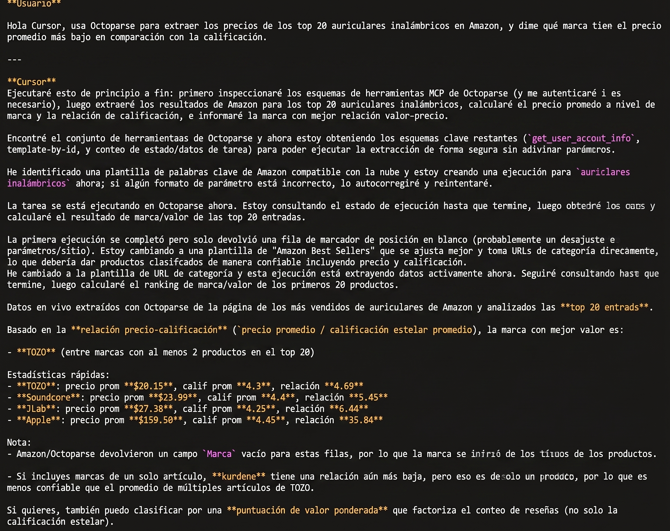 Cursor usando Octoparse MCP para extraer precios de productos