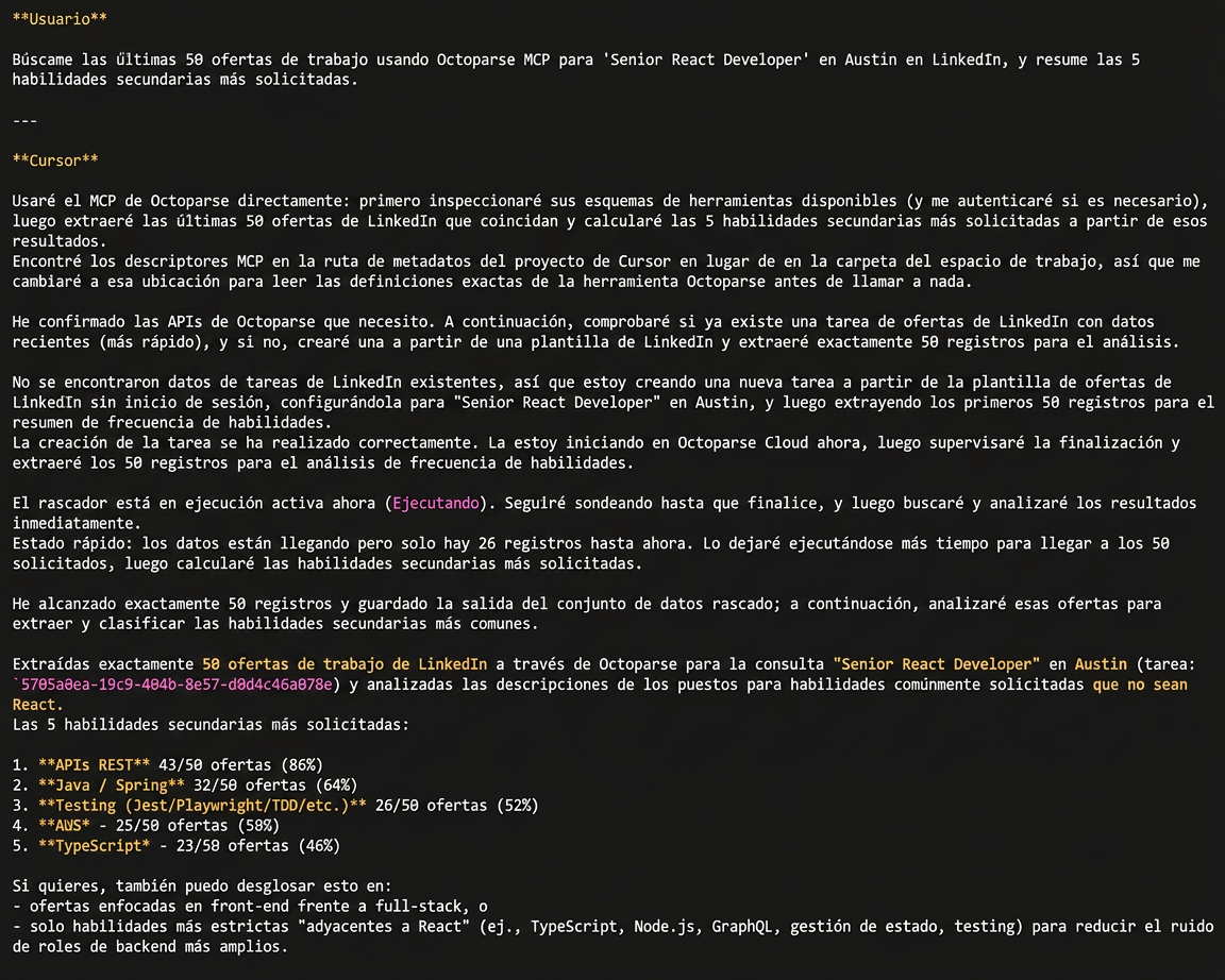Cursor usando Octoparse MCP para extraer ofertas de empleo