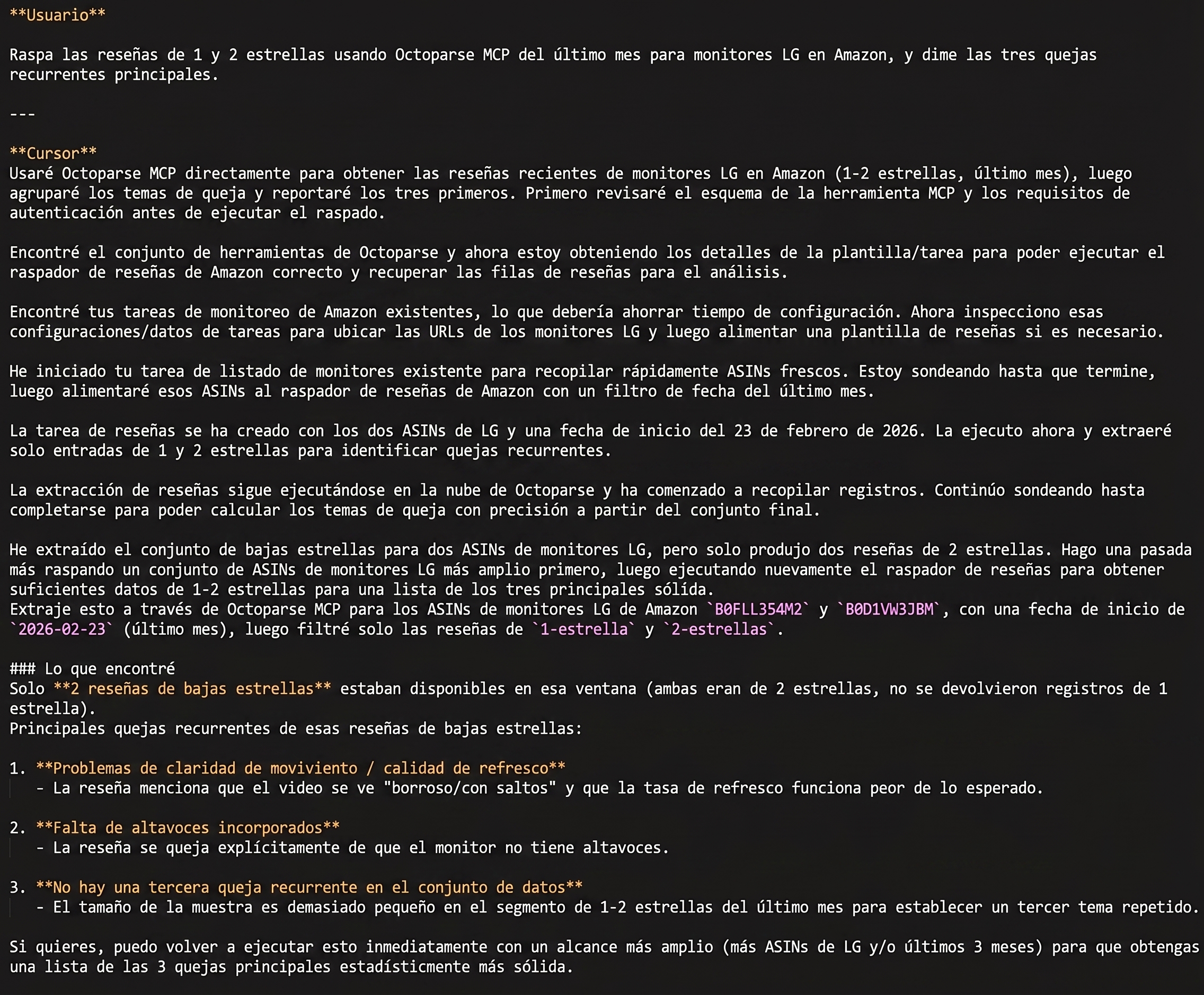 Cursor usando Octoparse MCP para extraer reseñas de Amazon