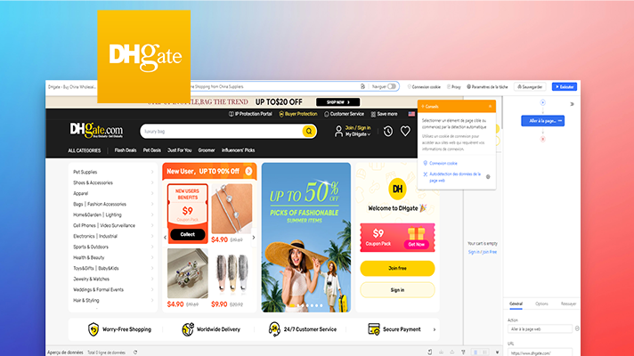 L'interface d'extraire les données Dhgate avis sur Octoparse