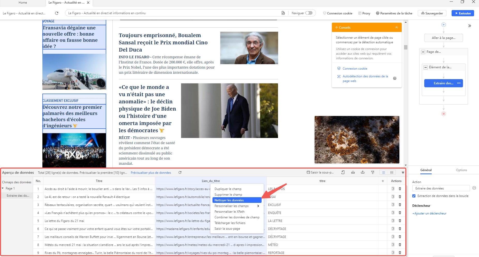 L'interface de l'aperçu des donées dans Octoparse