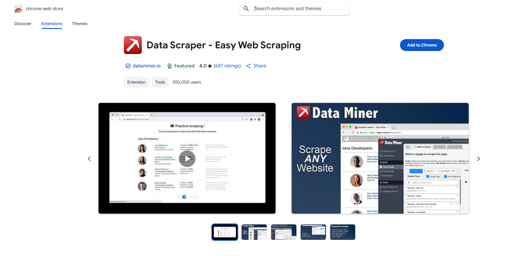 La page d'accueil de Data Scraper