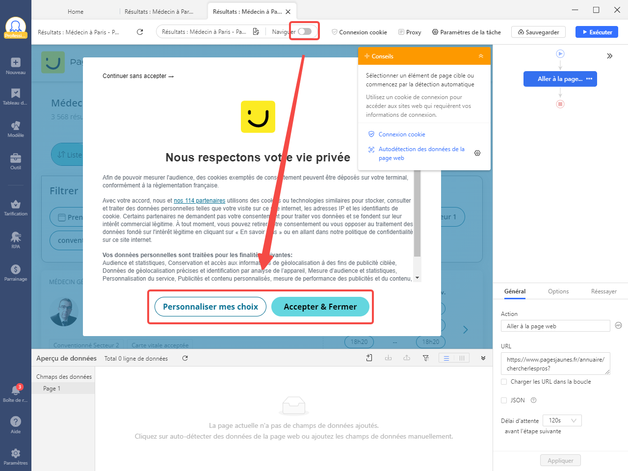 un pop-up (fenêtre contextuelle) apparaît