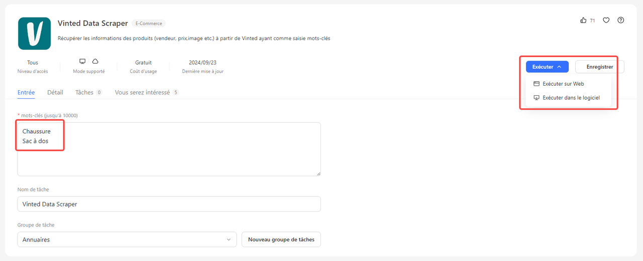 Vinted Data Scraper de l'Octoparse