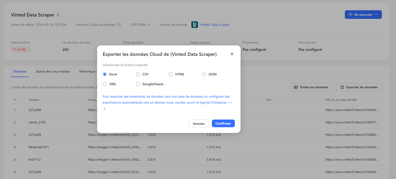 Vinted Data Scraper de l'Octoparse