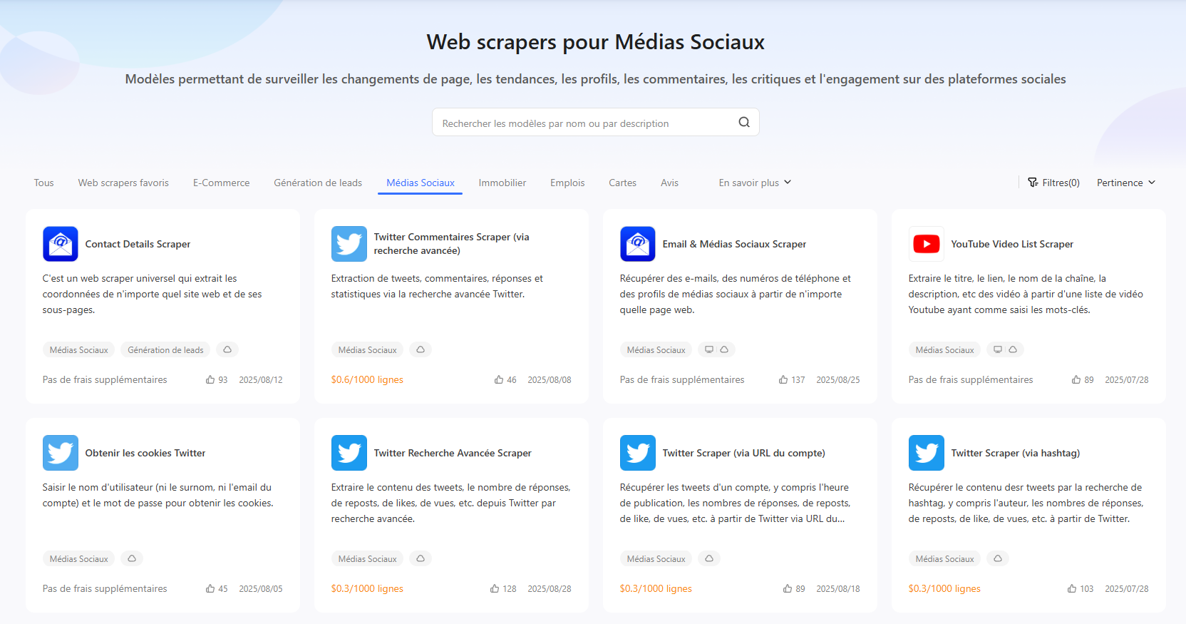 Web scrapers pour Média Sociaux sur Octoparse