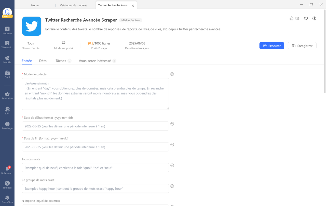 Twitter Recherche Avancée Scraper de l'Octoparse