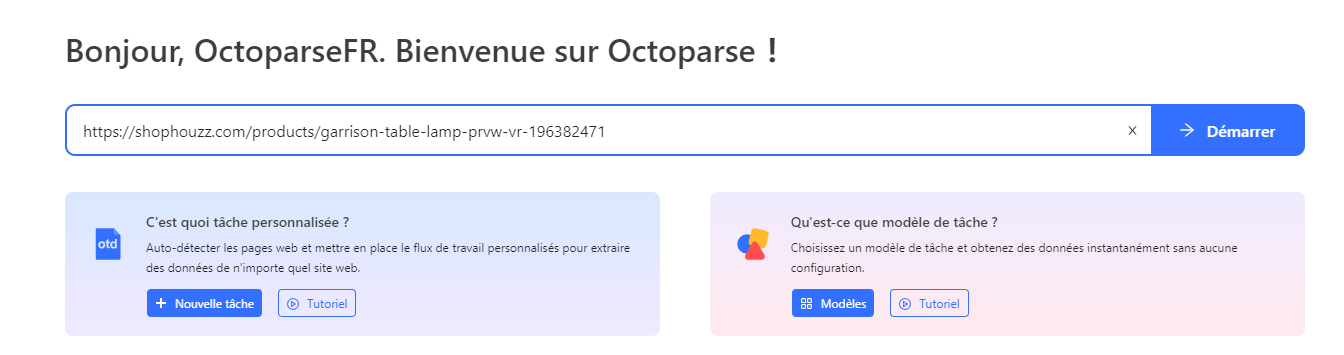 La page d'accueil d'Octoparse