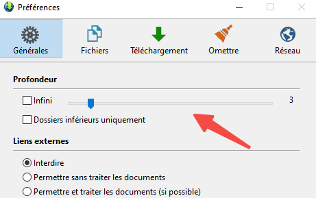 Ajustez la profondeur de navigation sur Web Dumper
